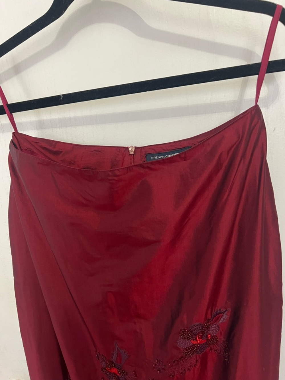 Y2K French Connection Burgundy Silk embellished bias cut skirt, size 6 / Small - Picture 11 of 12
